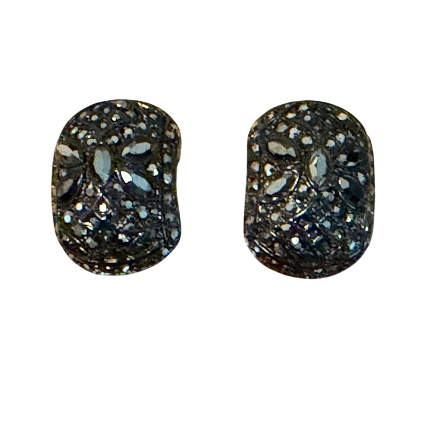 St. John Black Enamel & Crystal Pave Clip-Back Earrings, Vintage